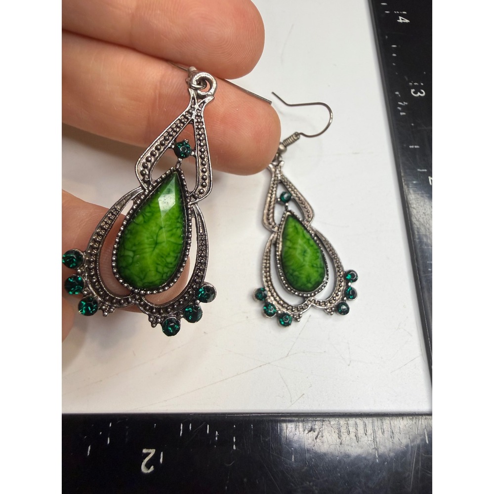 Green Marbled Teardrop Dangle Earrings Silver Tone Boho Rhinestone Accents